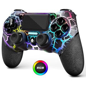 AceGamer Wireless Controller for PS4/Slim/Pro & PC, Black Crack RGB Light Gamepad with Turbo, 3.5mm Audio Jack & 1000mAh Battery